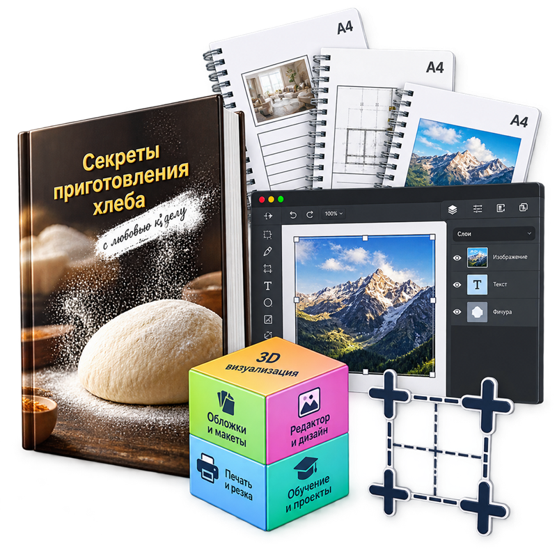 3D-обложка, редактор изображений, листы A4 и учебный куб